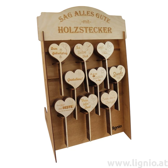 Display mit Herz Holzsteckern