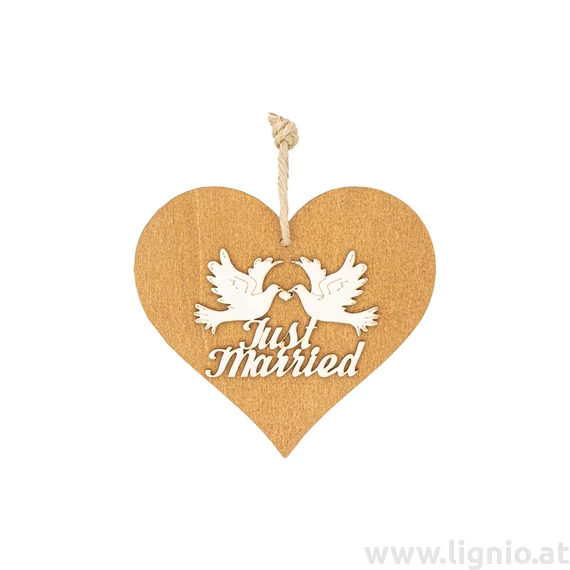 Braunes 3D Holzherz "Just Married"
