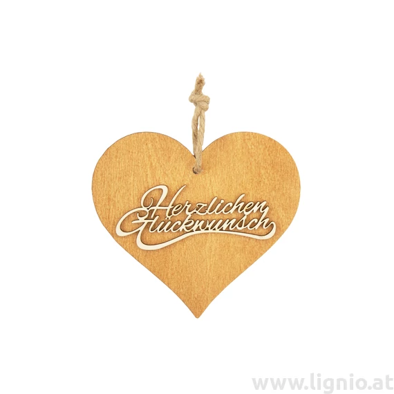 Braunes 3D Holzherz "Herzlichen Glückwunsch"