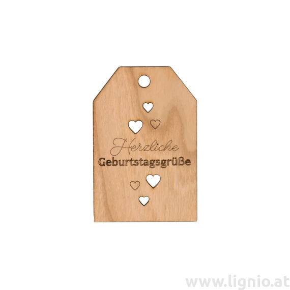 Grußkarte aus Kirschholz "Herzliche Geburtstagsgrüße (Herzen)"