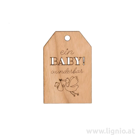 Grußkarte aus Kirschholz "Ein Baby! wunderbar (Storch)"